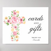 Watercolor Pink Flower Cross First Communion ポスター (正面)