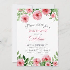 Watercolor Pink Flowers Baby Shower Invitation 招待状