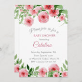 Watercolor Pink Flowers Baby Shower Invitation 招待状 (正面/裏面)