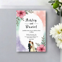 Watercolor Pink Flowers Couple Boho Summer Wedding 招待状