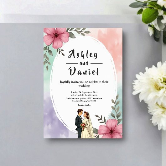 Watercolor Pink Flowers Couple Boho Summer Wedding 招待状