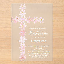 watercolor pink flowers cross Baptism Invitation