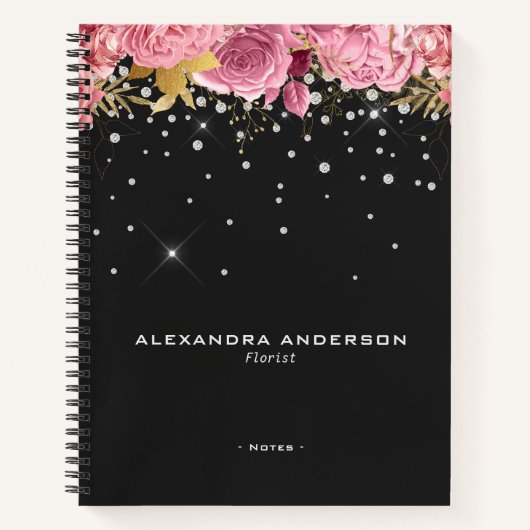 Watercolor Pink Flowers Floral Diamond Glitter ノートブック (正面)