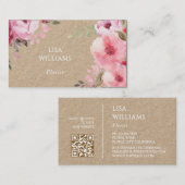 Watercolor Pink Flowers Kraft 名刺 (正面/裏面)