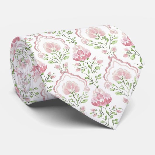 Watercolor pink flowers neck tie ネクタイ (ロール)