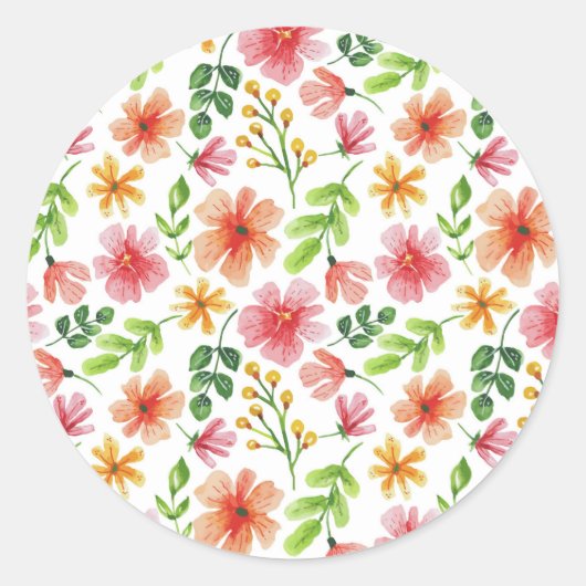 Watercolor Pink Flowers Pattern-69677 ラウンドシール (正面)