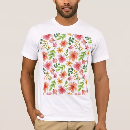 Watercolor Pink Flowers Pattern-69677 Tシャツ (正面)