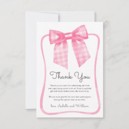 Watercolor Pink Gingham Bow Baby Shower サンキューカード
