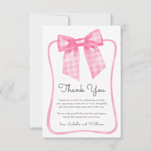 Watercolor Pink Gingham Bow Baby Shower サンキューカード (正面)