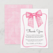 Watercolor Pink Gingham Bow Baby Shower サンキューカード (正面/裏面)