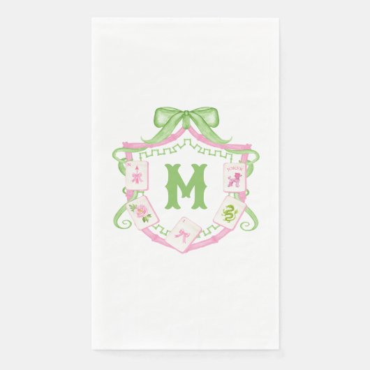 Watercolor Pink & Green Bow Mahjong Monogram Crest (正面)