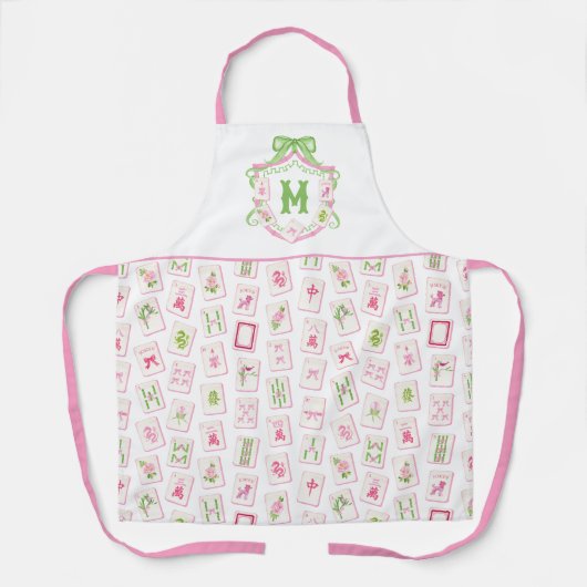 Watercolor Pink & Green Bow Mahjong Monogram Crest エプロン (正面)
