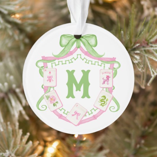 Watercolor Pink & Green Bow Mahjong Monogram Crest オーナメント (ツリー)