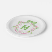 Watercolor Pink & Green Bow Mahjong Monogram Crest ペーパープレート (アングル)