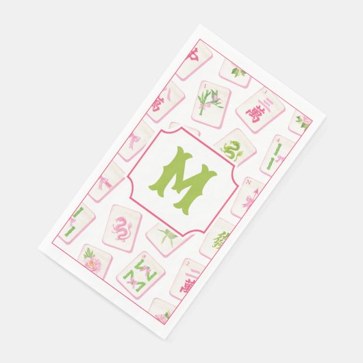 Watercolor Pink & Green Bow Mahjong Tiles Monogram (コーナー)