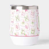 Watercolor Pink & Green Bow Mahjong Tiles Monogram (右面)