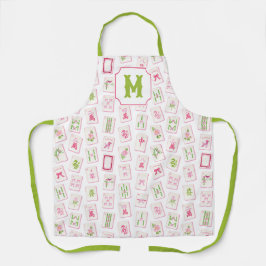 Watercolor Pink & Green Bow Mahjong Tiles Monogram エプロン