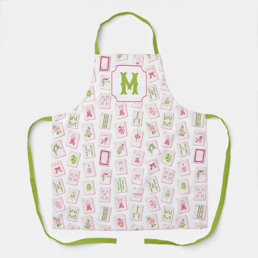 Watercolor Pink & Green Bow Mahjong Tiles Monogram エプロン (正面)