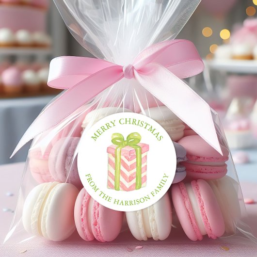 Watercolor Pink & Green Christmas Gift ラウンドシール