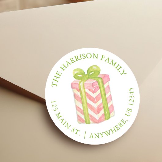 Watercolor Pink & Green Christmas Gift Address ラウンドシール