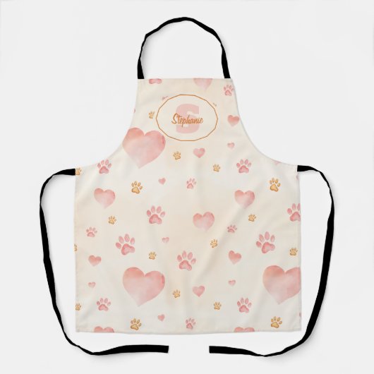 Watercolor Pink Hearts & Paw Prints Pattern エプロン (正面)