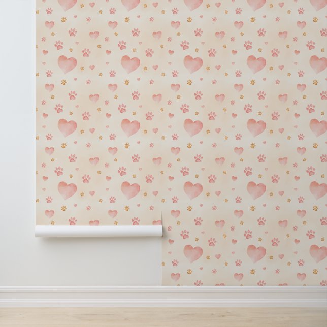 Watercolor Pink Hearts & Paw Prints Pattern 壁紙 (アプリケーション)