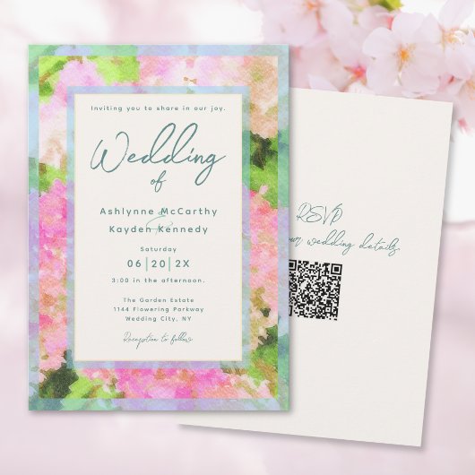 Watercolor Pink Hydrangea Garden QR Code Wedding 招待状