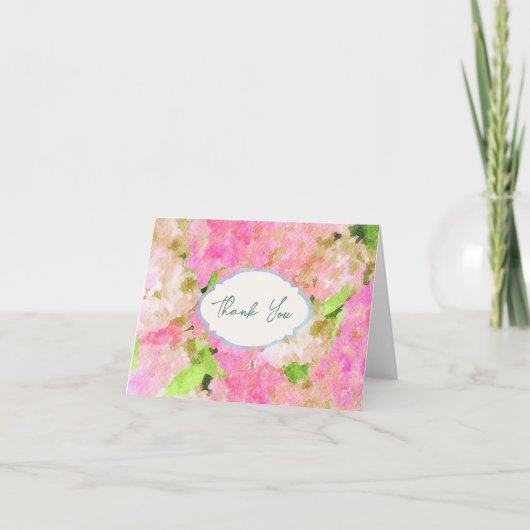 Watercolor Pink Hydrangea Garden Wedding Monogram サンキューカード (正面)