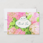 Watercolor Pink Hydrangea Garden Wedding Monogram  サンキューカード (正面)