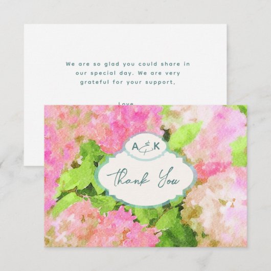 Watercolor Pink Hydrangea Garden Wedding Monogram  サンキューカード (正面/裏面)