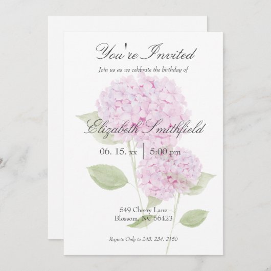 Watercolor Pink Hydrangea Invitation 招待状 (正面/裏面)