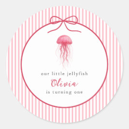 Watercolor Pink Jellyfish Bow Girl 1st Birthday ラウンドシール