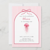 Watercolor Pink Jellyfish Bow Girl 1st Birthday 招待状 (正面)