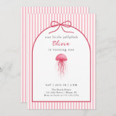 Watercolor Pink Jellyfish Bow Girl 1st Birthday 招待状 (正面/裏面)