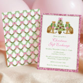 Watercolor Pink Leopard Christmas Tree Party 招待状