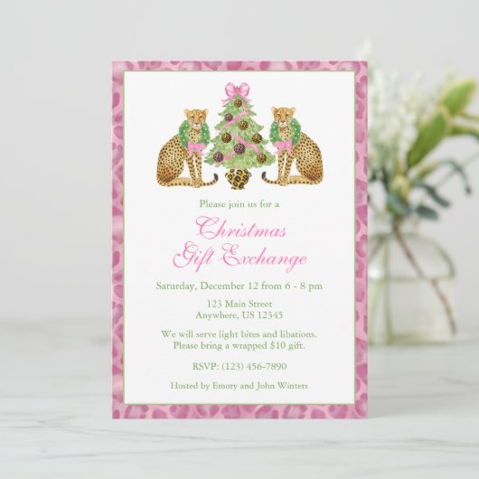 Watercolor Pink Leopard Christmas Tree Party 招待状 (スタンド正面)