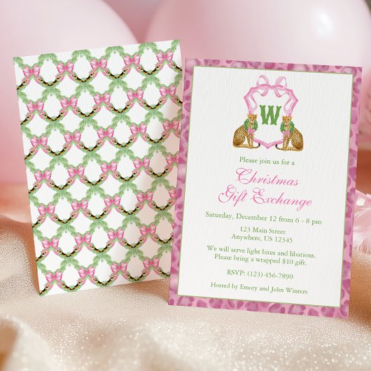Watercolor Pink Leopard Monogram Crest Party 招待状