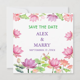 Watercolor Pink Lotus Floral Garden Save the Date セーブザデート