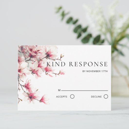 Watercolor Pink Magnolia QR Code Wedding  出欠カード (スタンド正面)