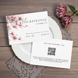 Watercolor Pink Magnolia QR Code Wedding  出欠カード