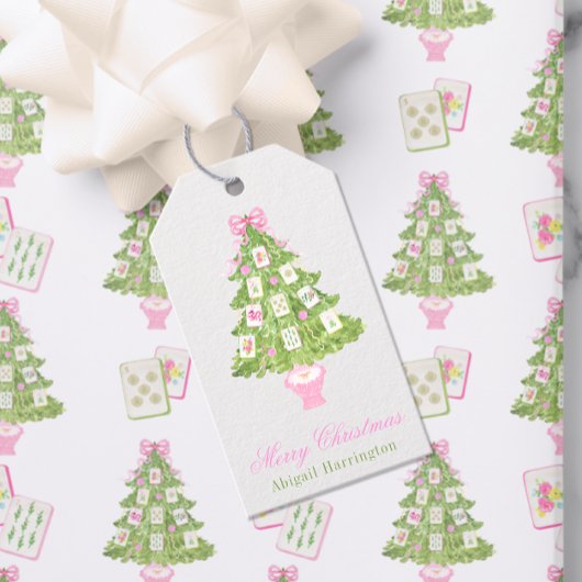 Watercolor Pink Mahjong Christmas Tree ギフトタグ