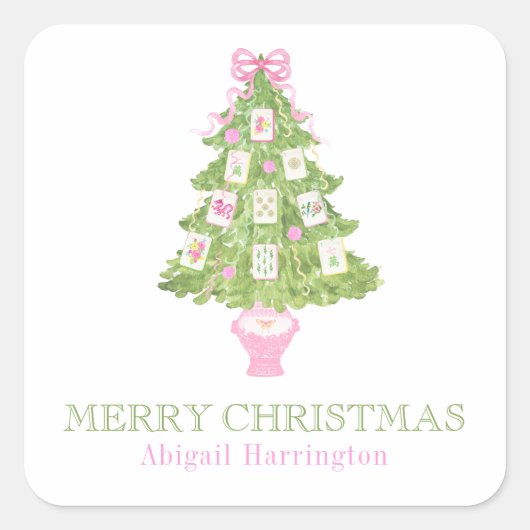 Watercolor Pink Mahjong Christmas Tree スクエアシール (正面)