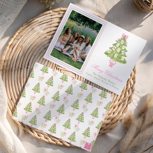 Watercolor Pink Mahjong Christmas Tree Photo シーズンカード