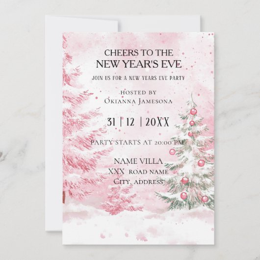 Watercolor Pink New Year's Eve Party 招待状 (正面)