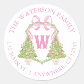 Watercolor Pink Nutcracker Christmas Crest Address ラウンドシール (正面)