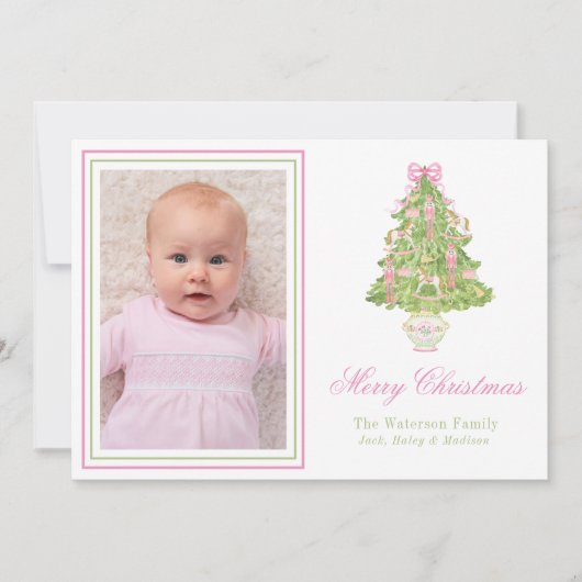 Watercolor Pink Nutcracker Christmas Tree Photo シーズンカード (正面)