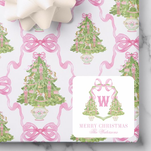 Watercolor Pink Nutcracker Monogram Crest スクエアシール