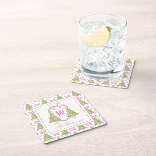 Watercolor Pink Nutcracker Monogram Crest スクエアペーパーコースター (インサイチュ)