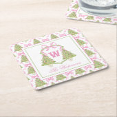 Watercolor Pink Nutcracker Monogram Crest スクエアペーパーコースター (アングル)