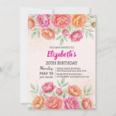 Watercolor Pink Peony Floral Birthday 招待状 (正面)